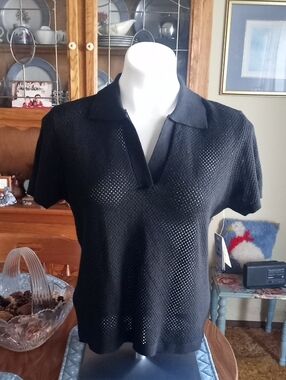 Ardene Black Short-Sleeve Open Knit Polo Top